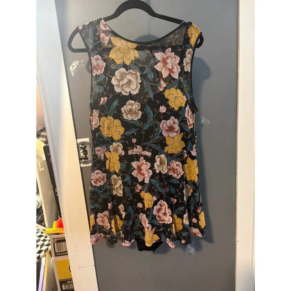 Torrid size 3 black yellow floral underwire mesh overlay swim dress